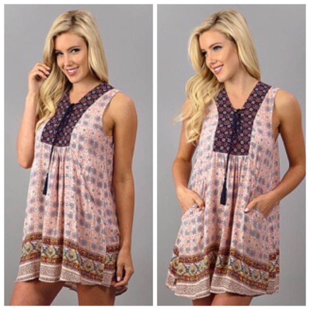 Cute Woven Dress with Lace Up Detail